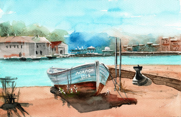 Watercolor illustration of a sandy beach with a blue fishing boat and a city embankment in the background