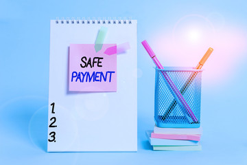 Leinwandbilder - Text sign showing Safe Payment. Business photo showcasing webpage where credit card numbers are entered is secured Spiral notebook sticky note banners stacked pads pens holder pastel back