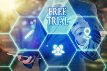Aufkleber - Conceptual hand writing showing Free Trial. Concept meaning Product or service offered for no cost to try and give feedback