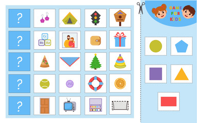 Wall Mural - Game for Kids. Match objects with same shape. Learning geometric shapes with real life objects. A set of objects in the circle, square, rectangle, triangle, pentagon form