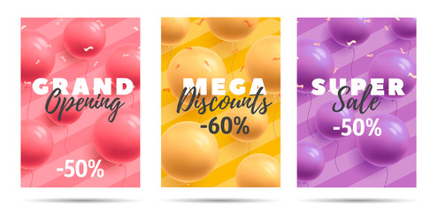 Set of posters for grand opening andmega diccounts, round shape balloons 3d vector illustration and typography, trendy mono color background, candy sweet style