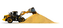 Wheel Loader Machine Unloading Paddy Rice Isolated On White Background. With Clipping Paths.