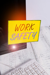 Poster - Writing note showing Work Safety. Business concept for policies and procedures in place to ensure safety in workplace Notation paper computer monitor screen near white keyboard