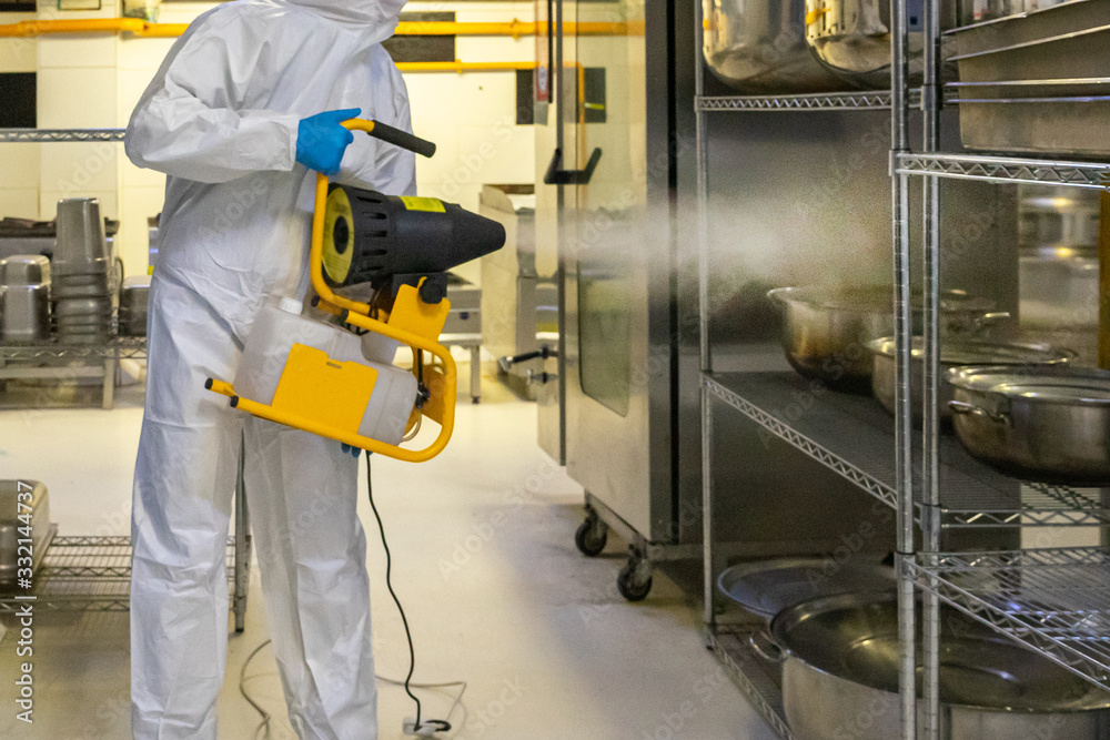man in protective equipment disinfects with a spray gun industrial kitchen surfaces coronavirus covid-19 - obrazy, fototapety, plakaty 