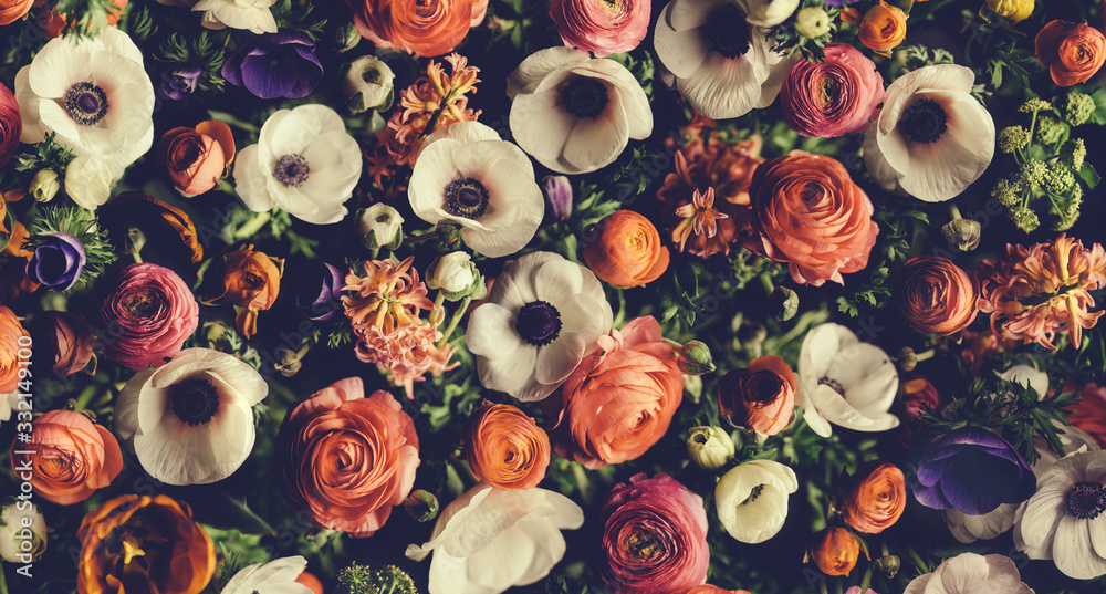 Vintage bouquet of beautiful different flowers. Floral background. - obrazy, fototapety, plakaty 