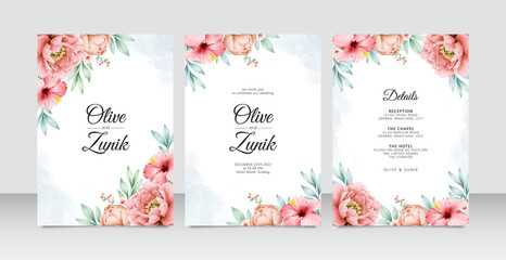 Wall Mural - Wedding card set template with peony flower watercolor