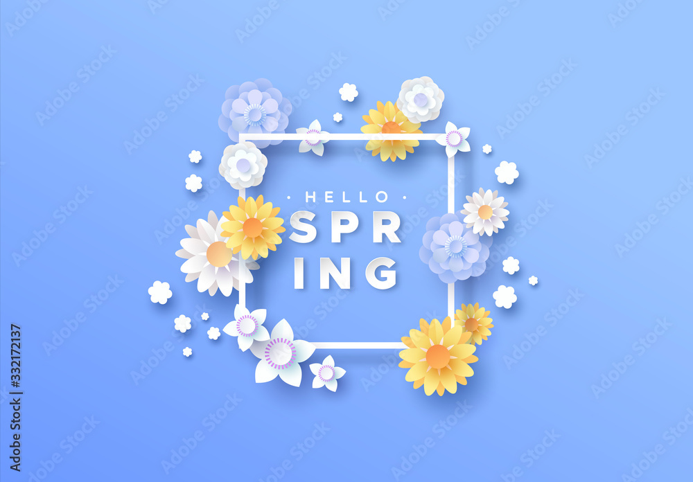 Hello spring paper cut floral frame background - obrazy, fototapety, plakaty 