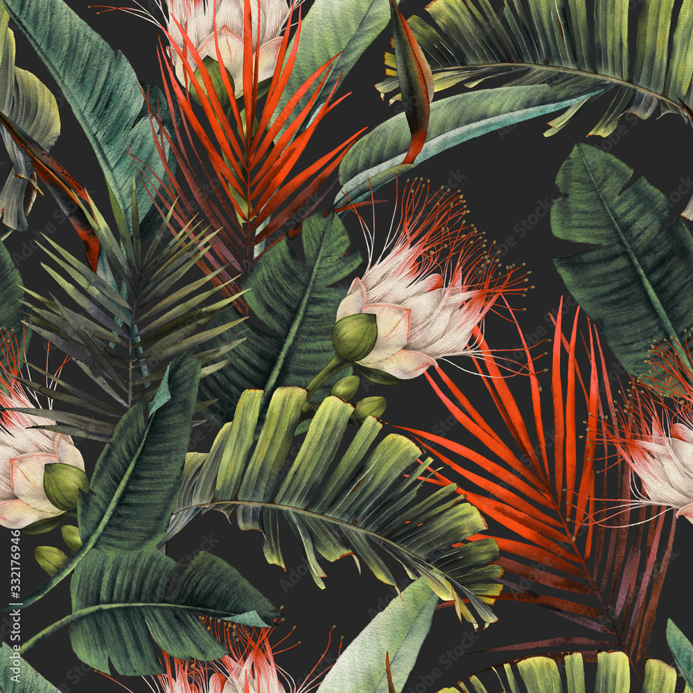 Seamless floral pattern with tropical flowers and leaves on dark background. Template design for textiles, interior, clothes, wallpaper. Watercolor illustration - obrazy, fototapety, plakaty 
