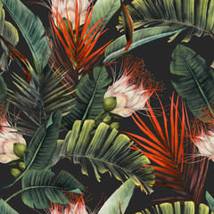 Wall Mural - Seamless floral pattern with tropical flowers and leaves on dark background. Template design for textiles, interior, clothes, wallpaper. Watercolor illustration