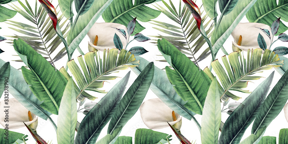 Seamless floral pattern with tropical leaves on light background. Template design for textiles, interior, clothes, wallpaper. Watercolor illustration - obrazy, fototapety, plakaty 
