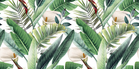 Seamless floral pattern with tropical leaves on light background. Template design for textiles, interior, clothes, wallpaper. Watercolor illustration