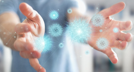 Poster - Man analyzing coronavirus with digital holographic projection close-up 3D rendering