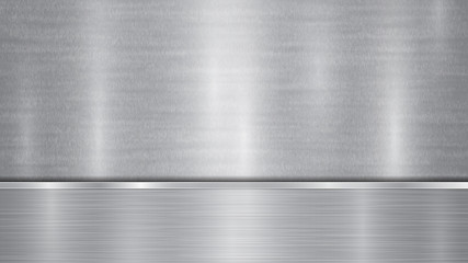 Background in silver and gray colors, consisting of a shiny metallic surface and one horizontal polished plate located below, with a metal texture, glares and burnished edges