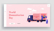 Donation to Poor Homeless People Landing Page Template. Altruistic Volunteer Character Unloading Humanitarian Aid Boxes from Van, Clothes and Food in Cardboard Containers. Cartoon Vector Illustration