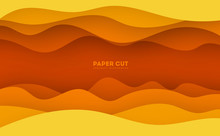 Yellow Paper Cut Banner With 3D Slime Abstract Background And Yellow Waves Layers. Abstract Layout Design For Brochure And Flyer. Paper Art Vector Illustration.