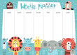 Weekly planner with funny funny forest animals in doodle cartoon style. Kids schedule design template. Vector illustration.