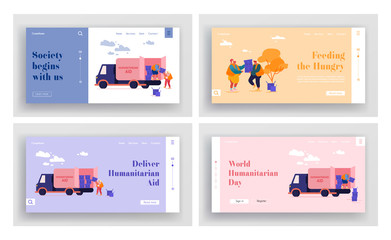 Wall Mural - Governmental Material Assistance Landing Page Template Set. Volunteer Characters in Humanitarian Aid Van Unloading Help Boxes to Refugees from Trucks. Distribution of Food. Cartoon Vector Illustration