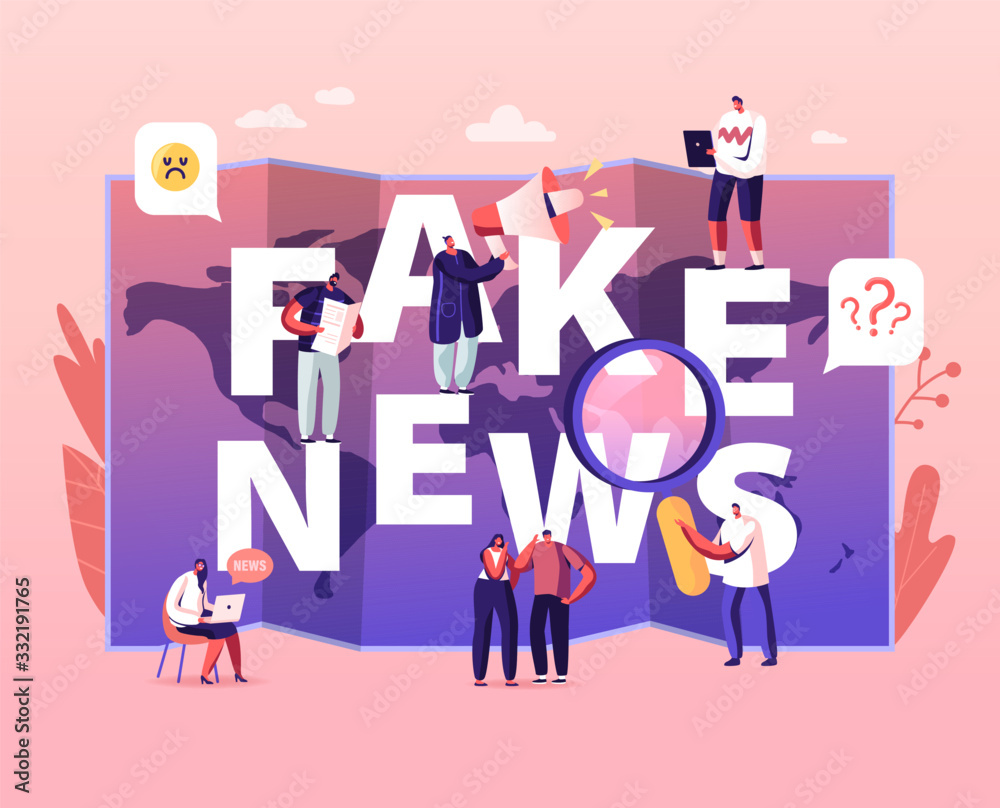 Fake News Concept. Tiny Characters Reading Newspapers and Social Media ...