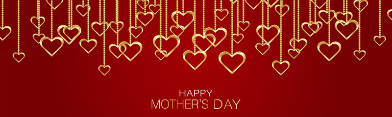 Happy Mothers Day banner, website or newsletter header. Hanging golden hearts on red background with lettering. Vector illustration.