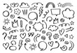 Super set different hand drawn element. Collection of arrows, crowns, circles, doodles on white background. Vector graphic design