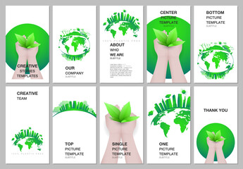 Social networks stories design, vertical banner or flyer template. Covers design templates for flyer, leaflet, brochure cover, banner. Green city concept. Green energy, sustainable development concept