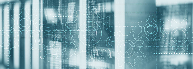 Wall Mural - gears on an elongated background. website header technology corporte wallpaper.