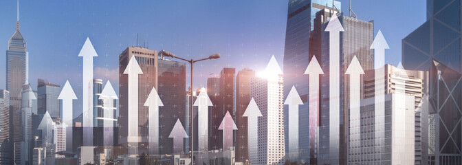 Financial growth arrow chart city view website panoramic header banner. Investment, stock trading, economic concept.