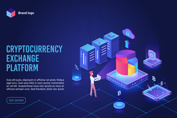Poster - Isometric cryptocurrency exchange platform ultraviolet landing page. Crypto mining, blockchain business concept vector illustration for banner, poster, website. Internet, computer digital currency pay