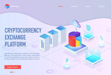 Poster - Isometric cryptocurrency exchange light purple web landing page. Blockchain business, crypto market concept vector illustration for website, banner, poster. Online digital currency financial platform
