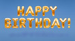 © Magryt - Words HAPPY BIRTHDAY made of golden inflatable balloons floating on blue background. Gold foil helium balloons forming phrase. Birthday congratulations concept, HBD phrase, happy birthday wishes