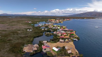 Wall Mural - Aerial view of Uros Floating Islands (Spanish: Islas Uros ) on Lake Titicaca, the highest navigable lake in the world, near Puno, Peru, South America.