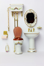 Washroom In Miniature Doll House. Isolated. White Background