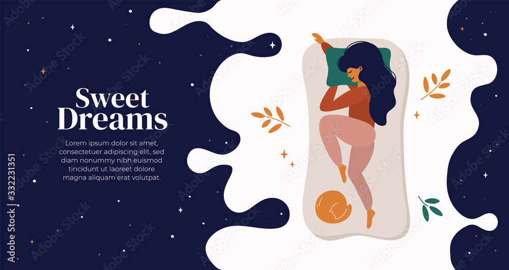 Sweet dreams, good health concept. Young woman sleeps on side. Vector illustration of girl and cat in bed, night sky, stars. Advert of mattress. Design template with pose of sleeping for flyer, layout - obrazy, fototapety, plakaty 