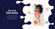 Sweet dreams, good health concept. Young woman sleeps on side. Vector illustration of girl and cat in bed, night sky, stars. Advert of mattress. Design template with pose of sleeping for flyer, layout