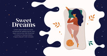 Sweet Dreams, Good Health Concept. Young Woman Sleeps On Side. Vector Illustration Of Girl And Cat In Bed, Night Sky, Stars. Advert Of Mattress. Design Template With Pose Of Sleeping For Flyer, Layout
