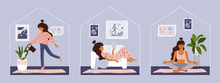 Stay Home Concept. Girl Takes Care For Houseplants, Reading Book, Doing Yoga. Cozy Modern Scandinavian Interior. Self Isolation, Quarantine Due To Coronavirus. Set Of Illustration Of  Home Activities