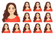 Beautiful plus size woman with different facial expressions set isolated vector illustration