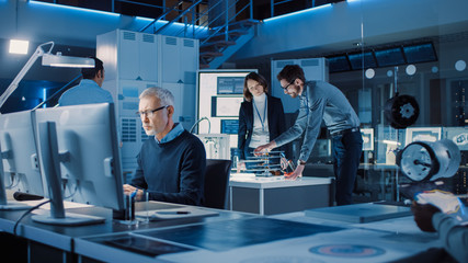 Poster - Diverse International Team of Industrial Engineers and Scientists Working in Research Laboratory and Development Center. People Working with 3D Printing, Using Computers, Designing Hardware