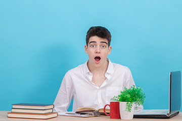 Poster - teenage student with expression of amazement or surprise sitting at the desk with books and laptop