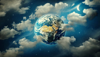 Wall Mural - planet earth surrounded by clouds, the moon and stars in the night sky. fantasy collage on travel, g