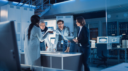 Aufkleber - Engineers Meeting in Robotic Research Laboratory: Engineers, Scientists and Developers Gathered Around Illuminated Conference Table, Talking, Using Tablet and Analysing Design of Industrial Robot Arm