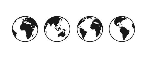 earth globe icon set. earth hemispheres with continents. world map in globe shape isolated on white 