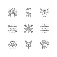 Native American Accessories Pixel Perfect Linear Icons Set. Tribe Teepee. Boho Style Dreamcatcher. Customizable Thin Line Contour Symbols. Isolated Vector Outline Illustrations. Editable Stroke