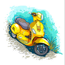 Sketch Style Vector Illustration Of Yellow Motorbike, Scooter Standing By The Blue Wall.