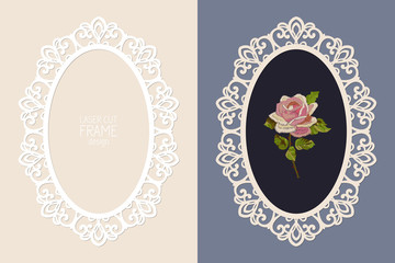 Wall Mural - Laser cut lace oval frame, vector template. Ornamental cutout photo frame with pattern. Vintage background with rose embroidery inside the cut out frame.