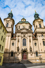 Prague, Czech Republic - March 19, 2020. St. Nicholas Church In Old Town Square During Coronavirus Crisis And Travel Ban