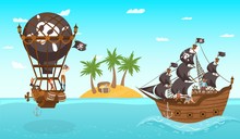 Characters Male Pirates Command On Air Balloon Fight Vs Ship, Teamfight, Water Battle, Tropical Island, Palm Tree, Gold Treasure, Sea And Ocean Shore, Flat Vector Illustration. Design Web Banner.