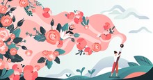 Character Woman In Field Draw Flower By Brush, Red Blossom Paint By Female Artist In Grass Place, Flat Vector Illustration. Design For Web Banner, Poster, Postcard. Path Of Flowering.