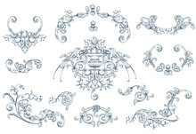Floral Decorative Vector Elements Set, Rococo And Baroque Style, Vintage Royal Details