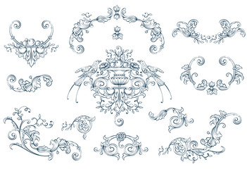 Floral decorative vector elements set, rococo and baroque style, vintage royal details